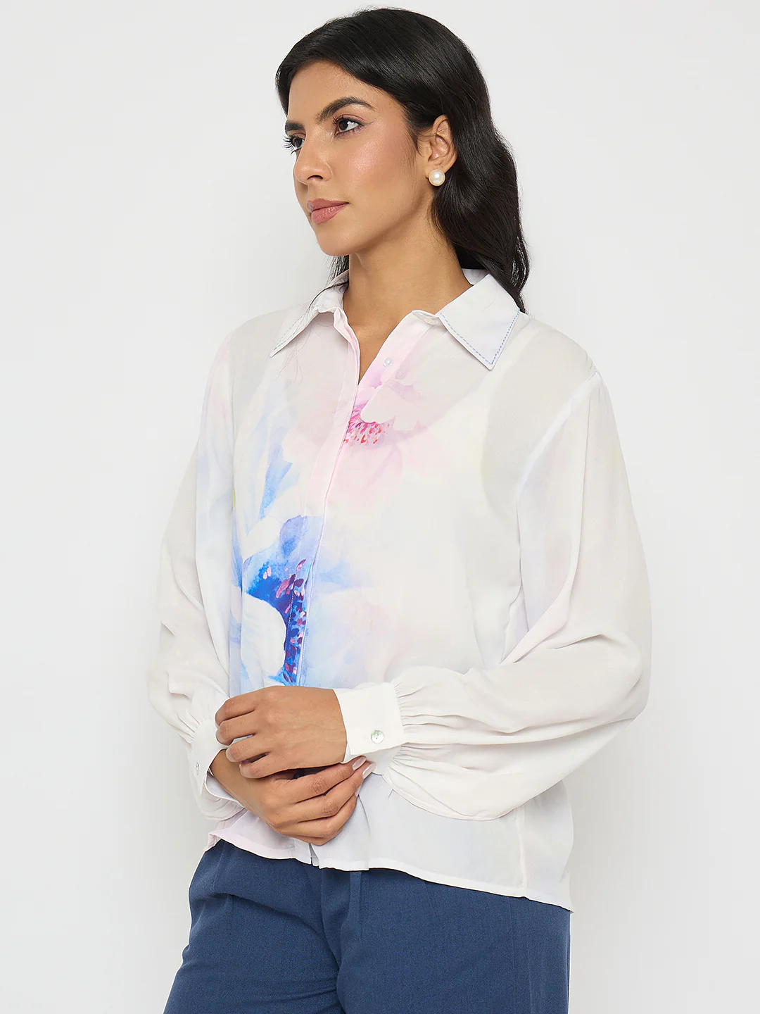 Madame Floral Print Contrast Stiched Collar Off White Shirt - Image 5