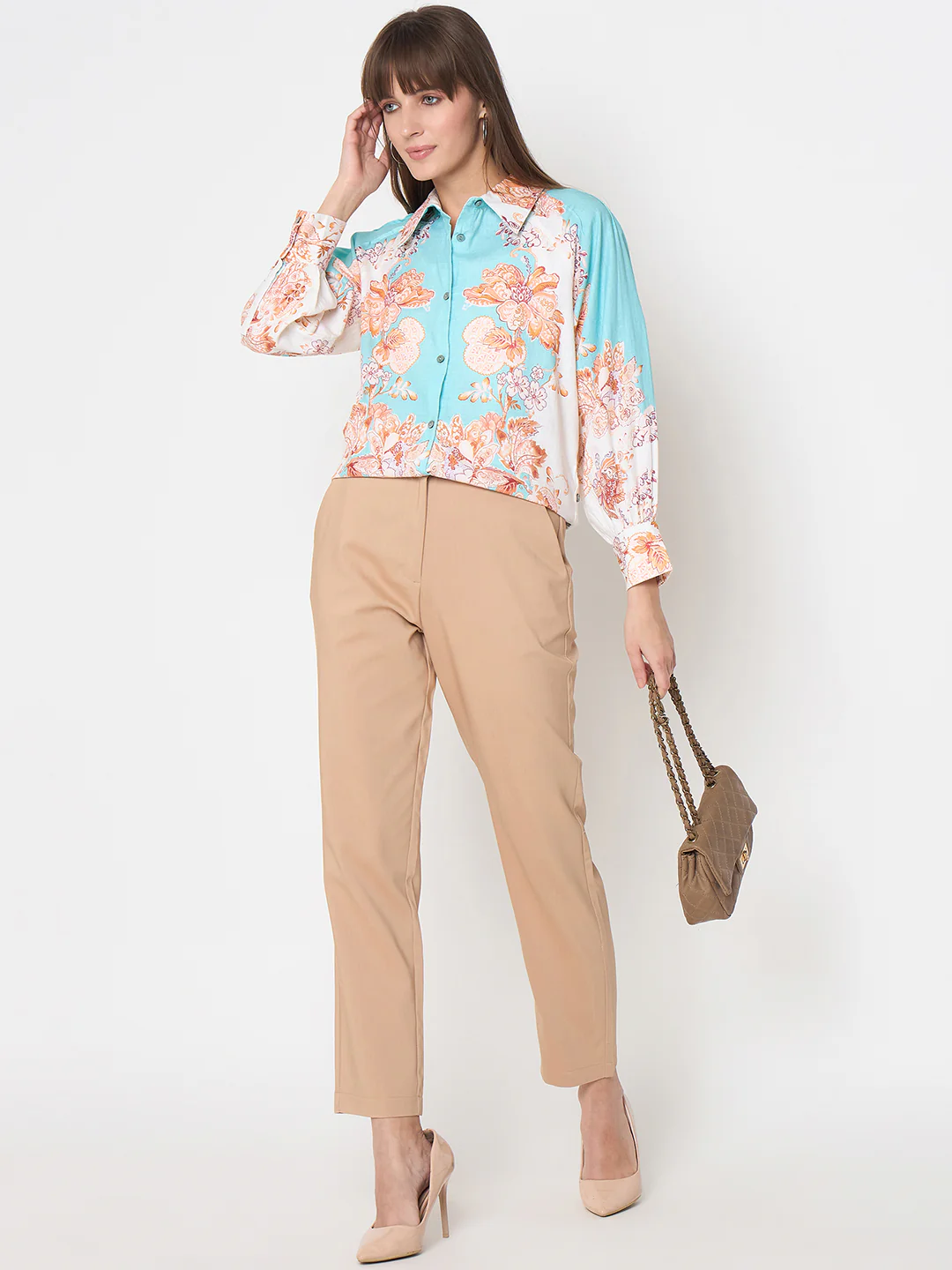 Madame Floral Print Colorblock Blue Shirt - Image 2