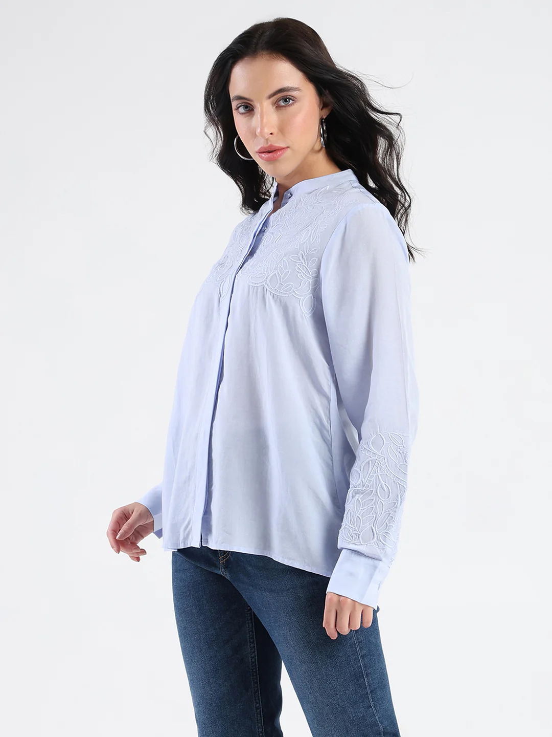 Madame Tencel Blend Embroidery Detail Blue Shirt - Image 4