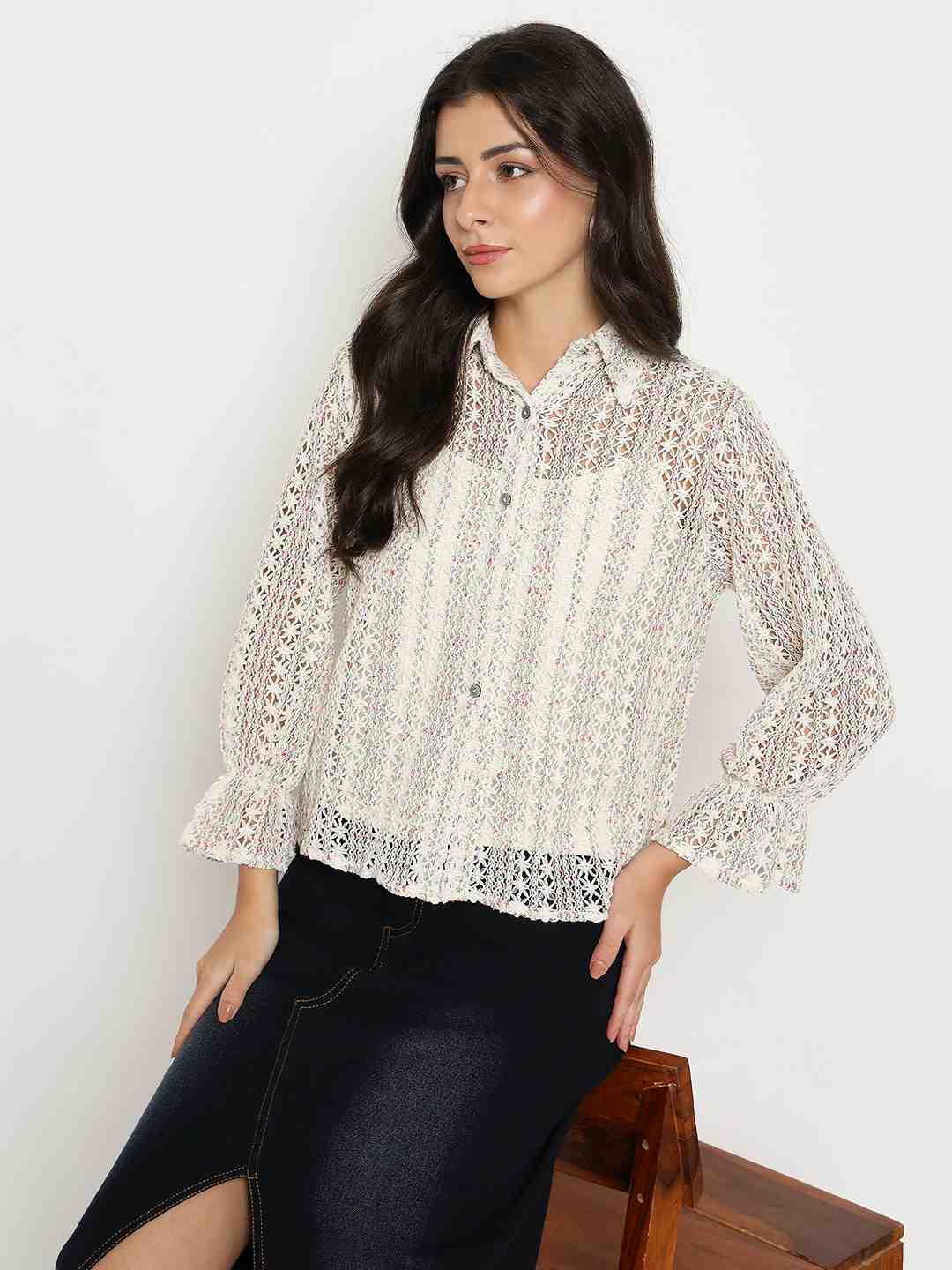 Madame Semi Sheer Cotton Blend Off-White Shirt