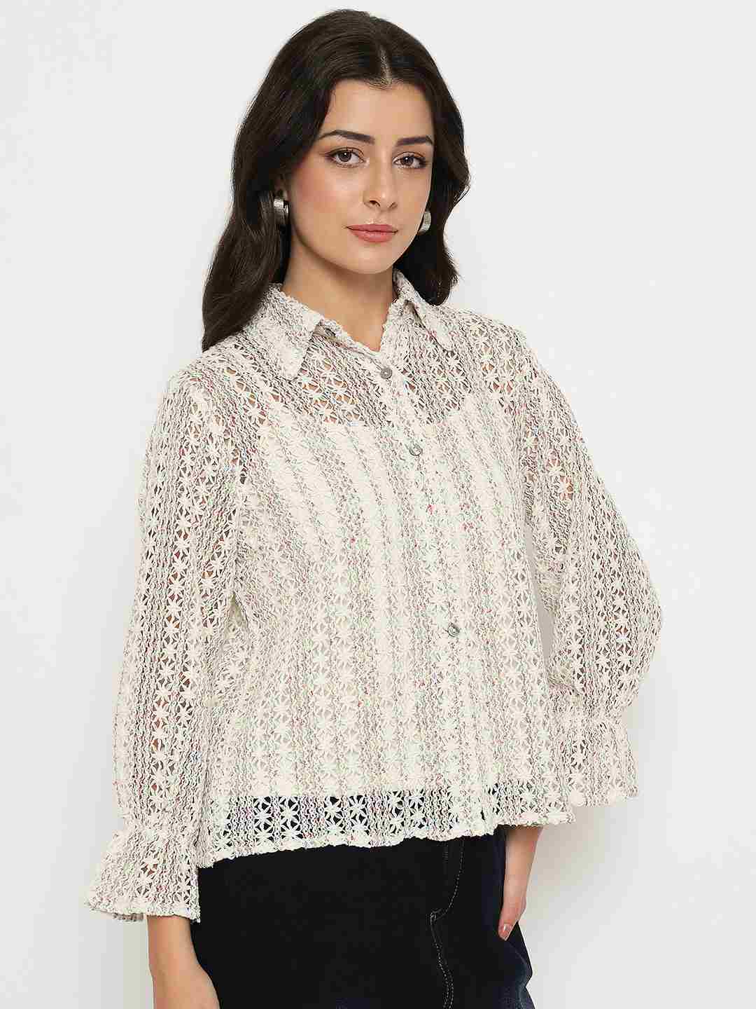Madame Semi Sheer Cotton Blend Off-White Shirt - Image 4
