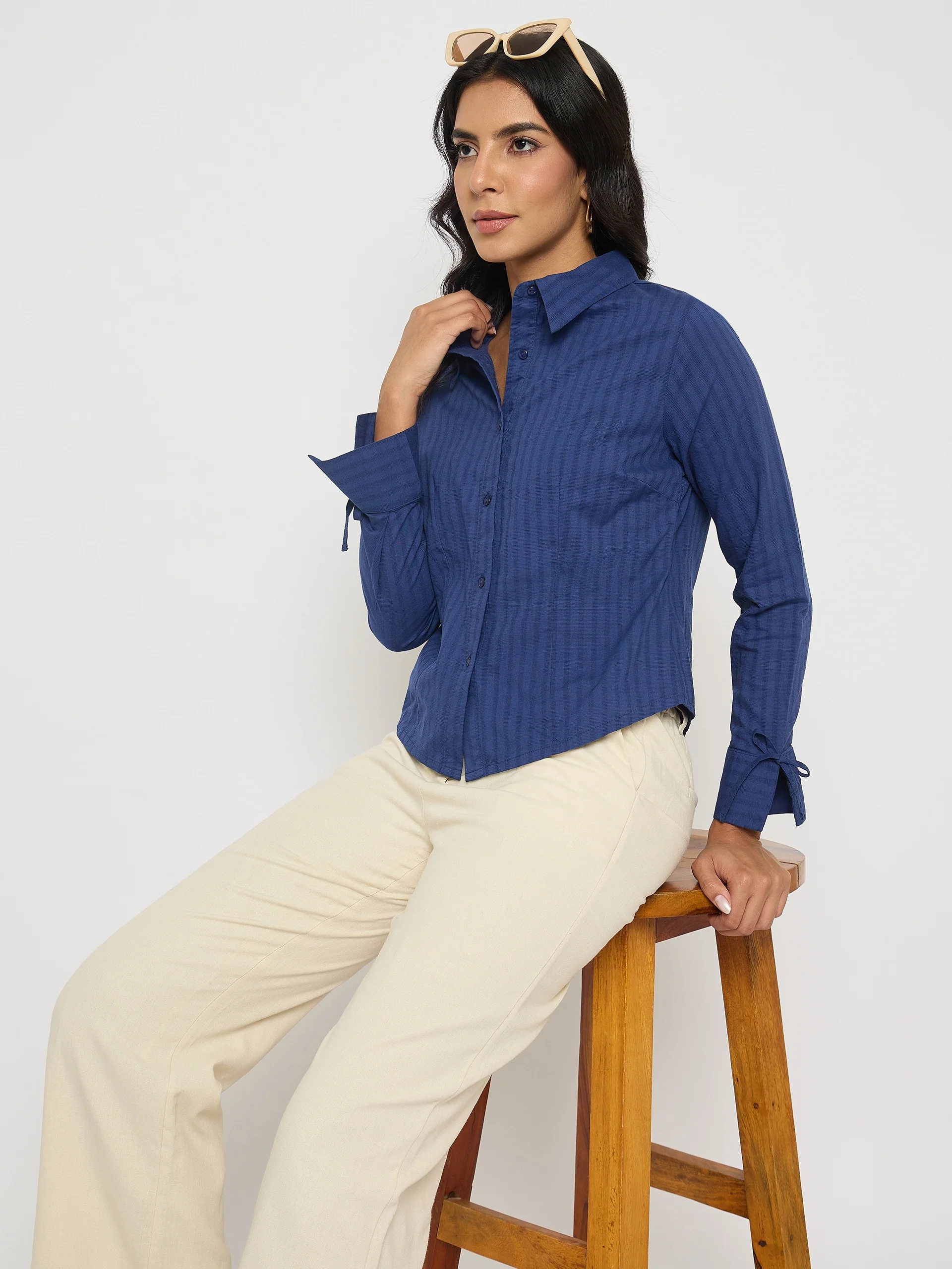 Madame Striped Solid Navy Cotton Shirt