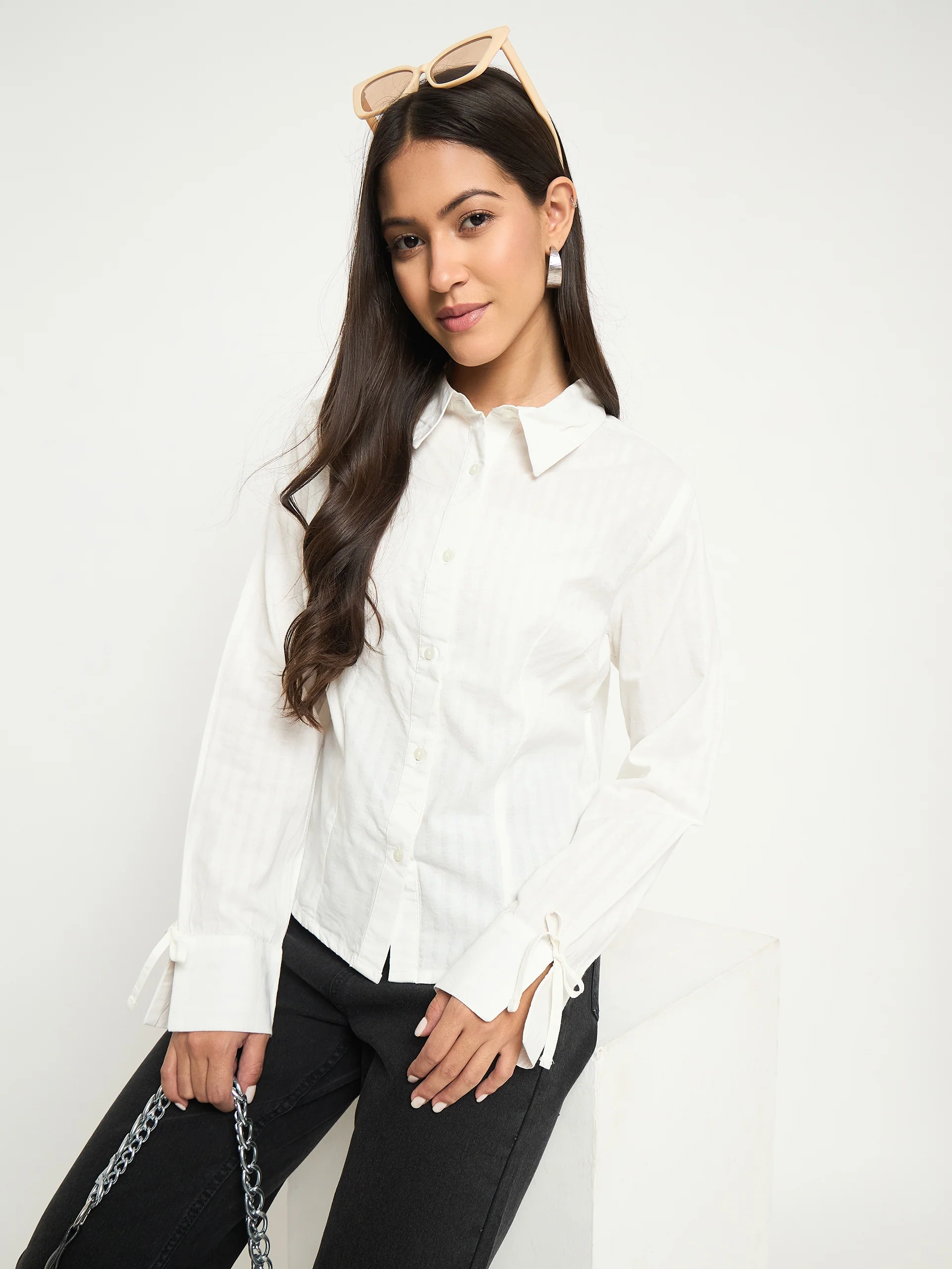 Madame Tie-Cuff Detail Striped White Cotton Shirt
