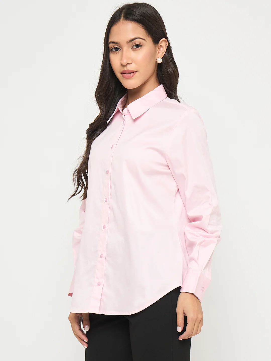 Madame Buttoned Front Solid Cotton Blend Baby Pink Shirt - Image 5
