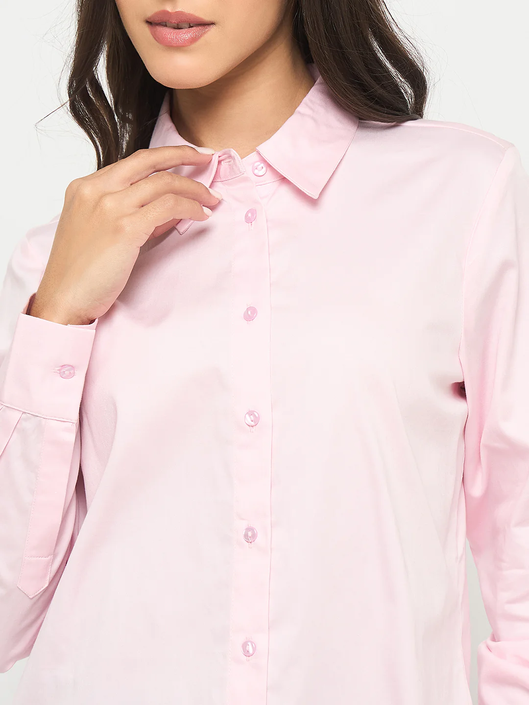 Madame Buttoned Front Solid Cotton Blend Baby Pink Shirt - Image 7