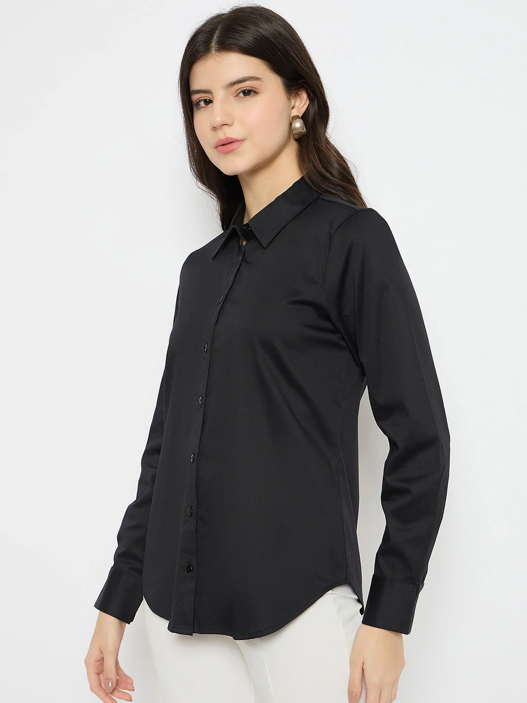 Madame Solid Black Cotton Blend Shirt - Image 5