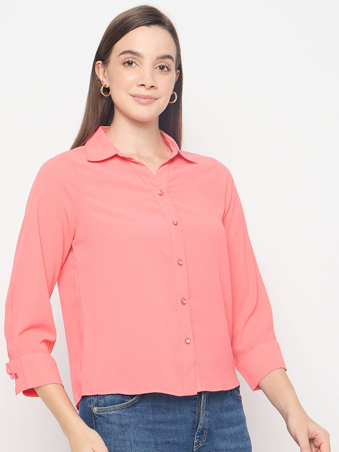 Madame Solid Cuff Sleeve Coral Shirt - Image 4