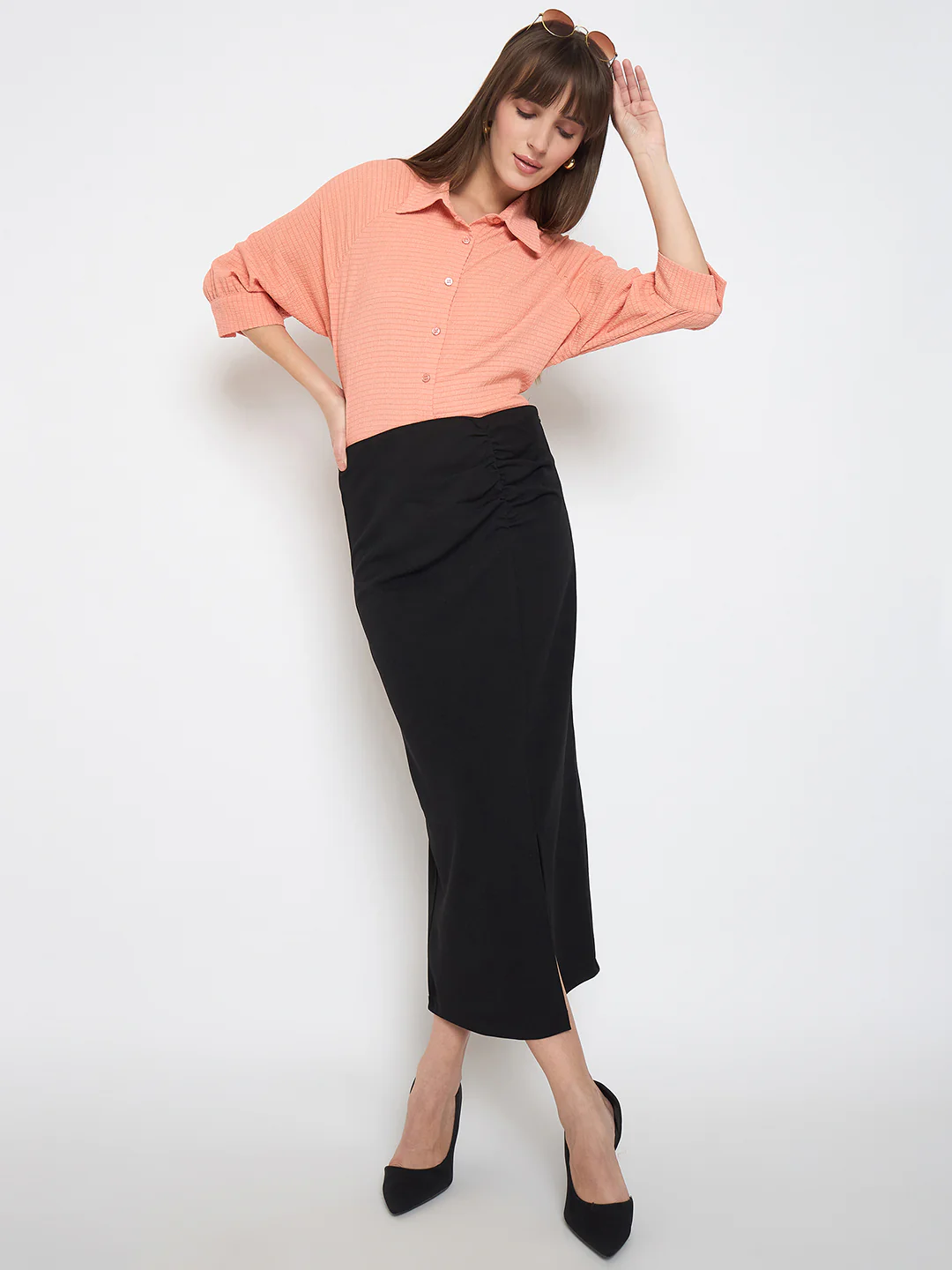 Madame Shirt Collar Buttoned Orange Crop Shirt - Image 2