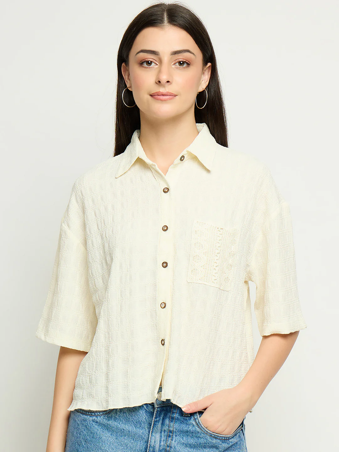 Madame Textured Pocketed Off White Shirt - Image 3
