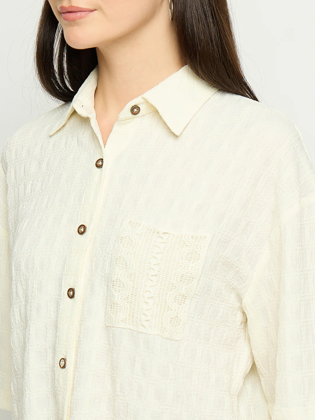 Madame Textured Pocketed Off White Shirt - Image 7