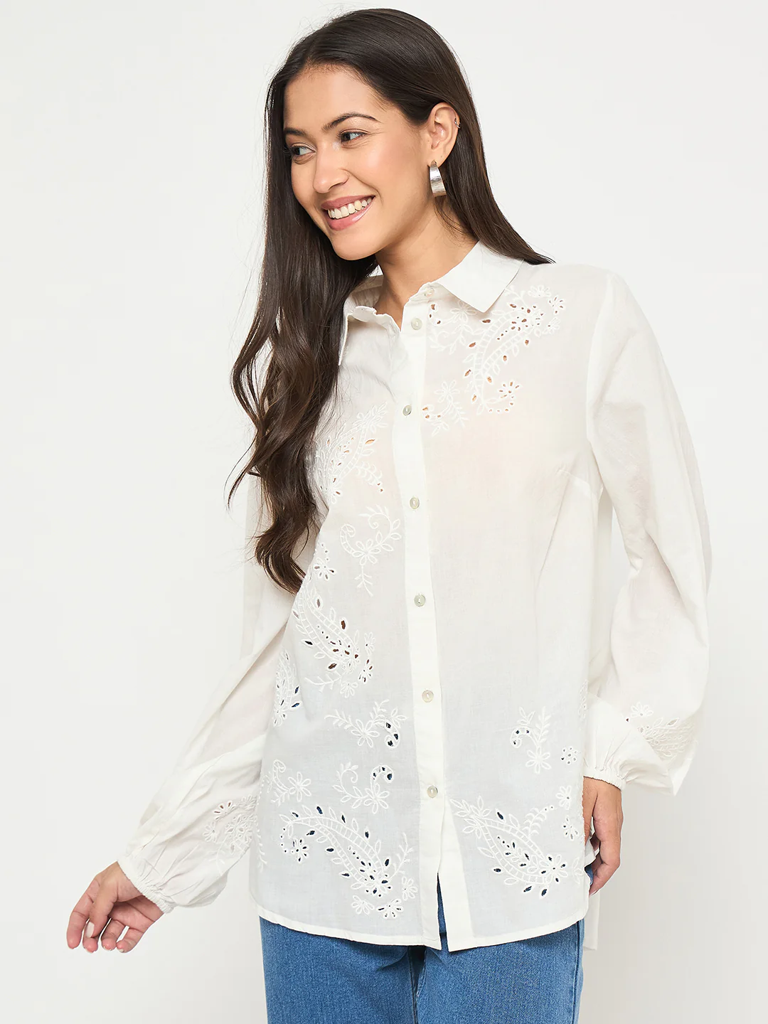 Madame Embroidered and Ruffle Trim Detailed White Cotton Shirt - Image 3