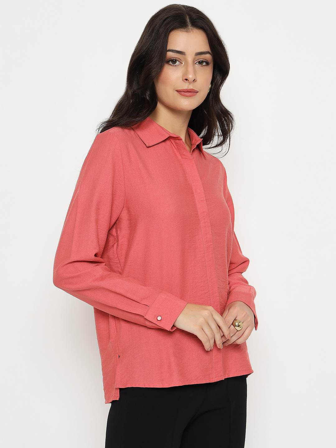 Madame Textured Solid Brick Red Rayon Blend Shirt - Image 4