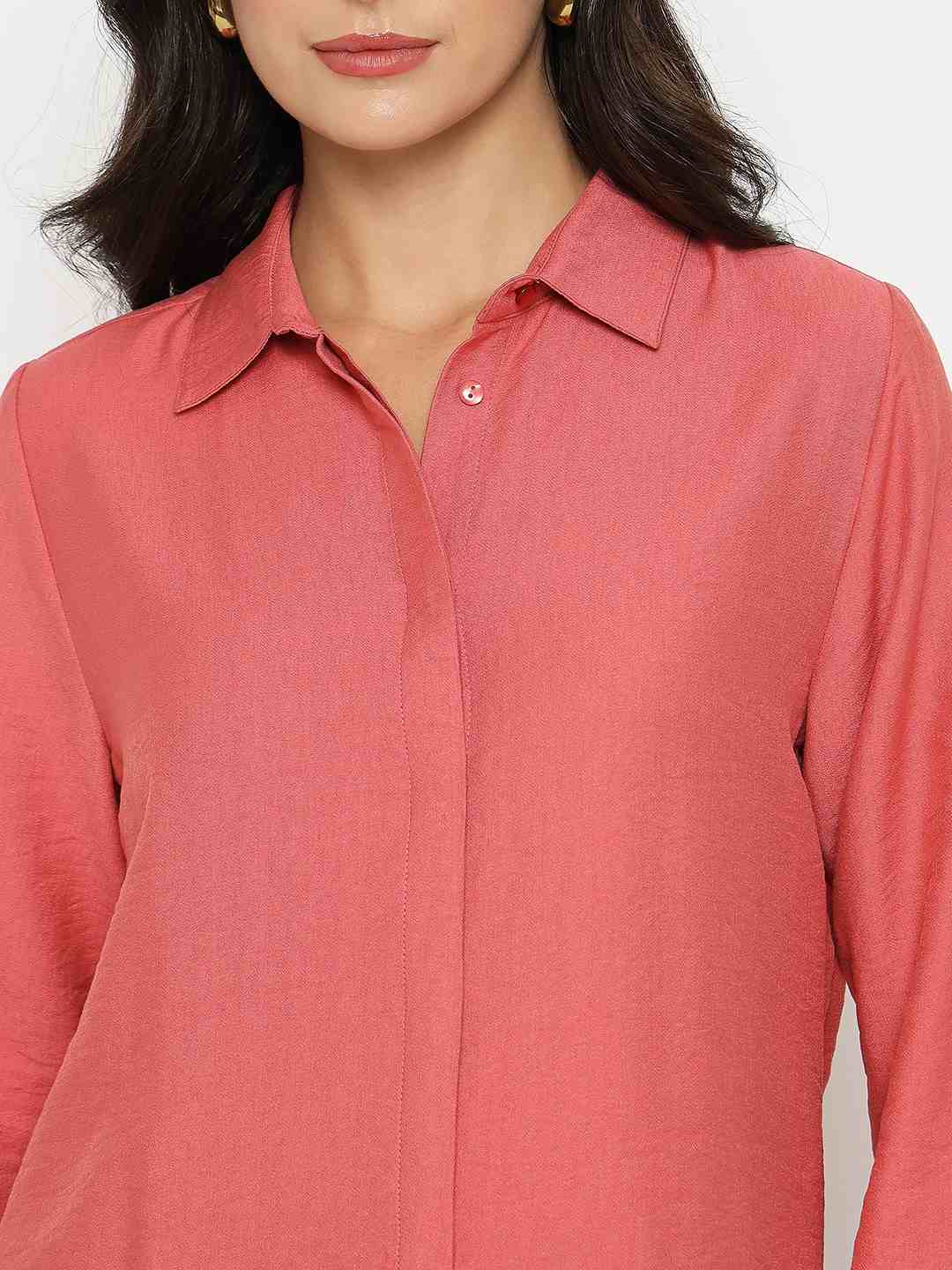 Madame Textured Solid Brick Red Rayon Blend Shirt - Image 7