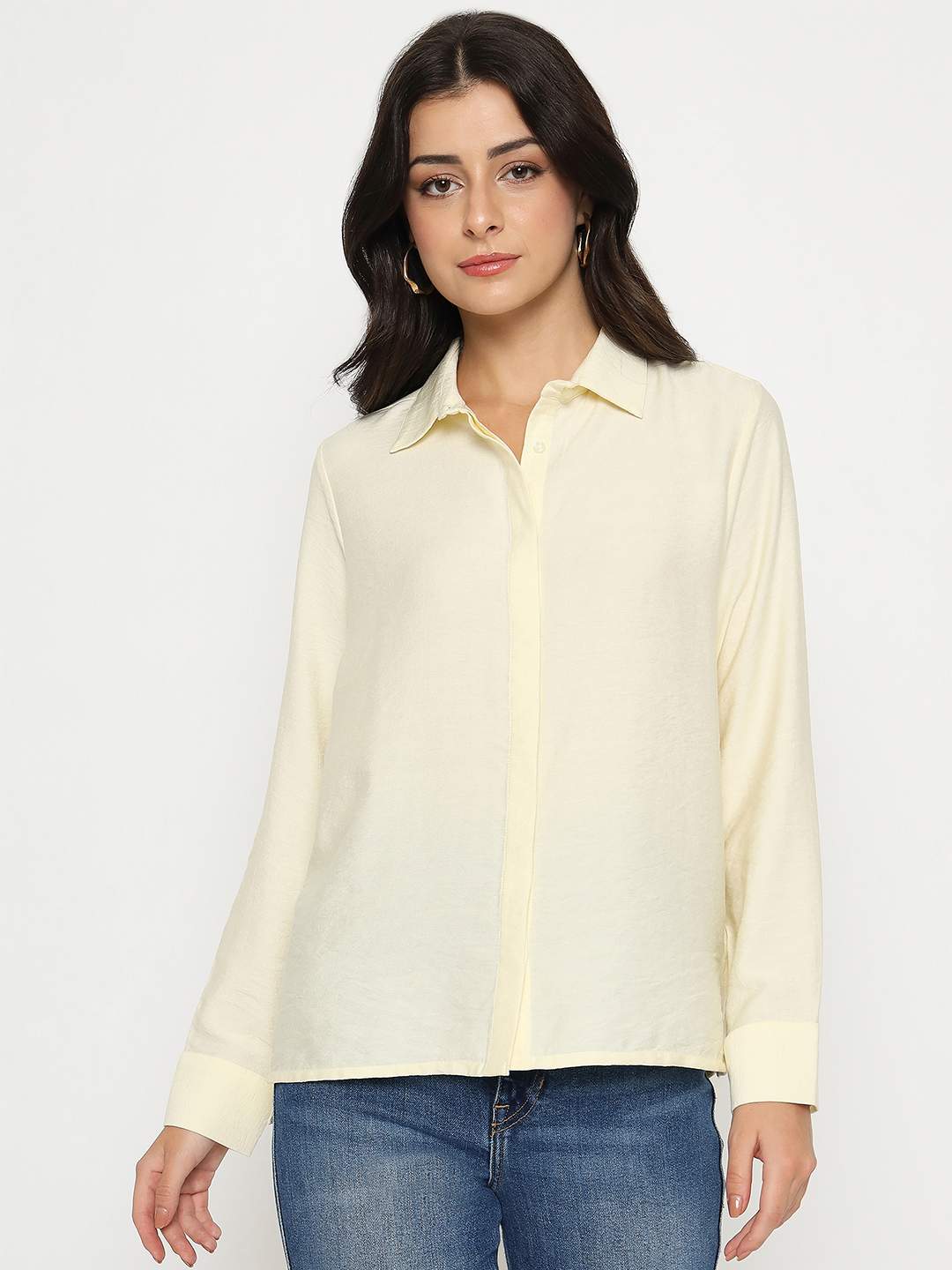 Madame Solid Cream Rayon Blend Shirt - Image 3