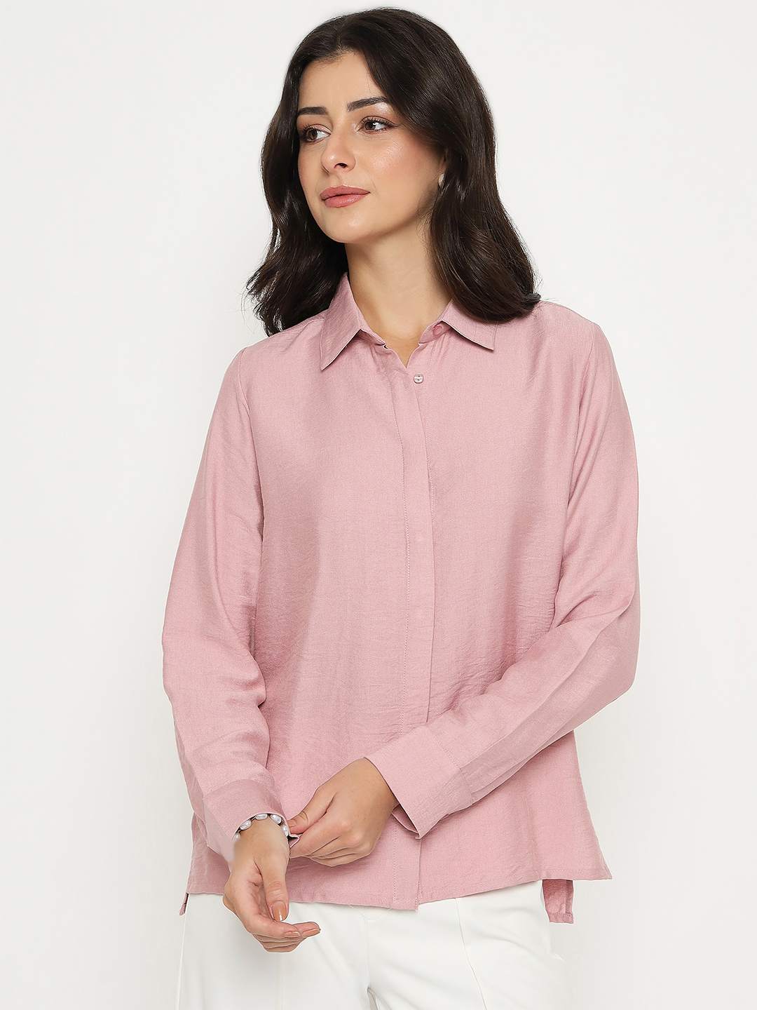 Madame Textured Solid Pink Rayon Blend Shirt - Image 3