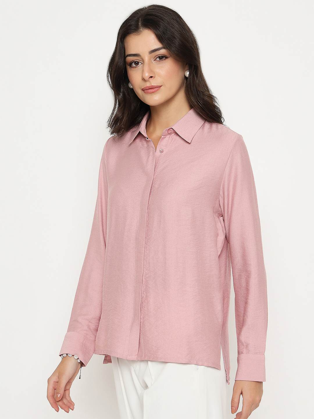 Madame Textured Solid Pink Rayon Blend Shirt - Image 5