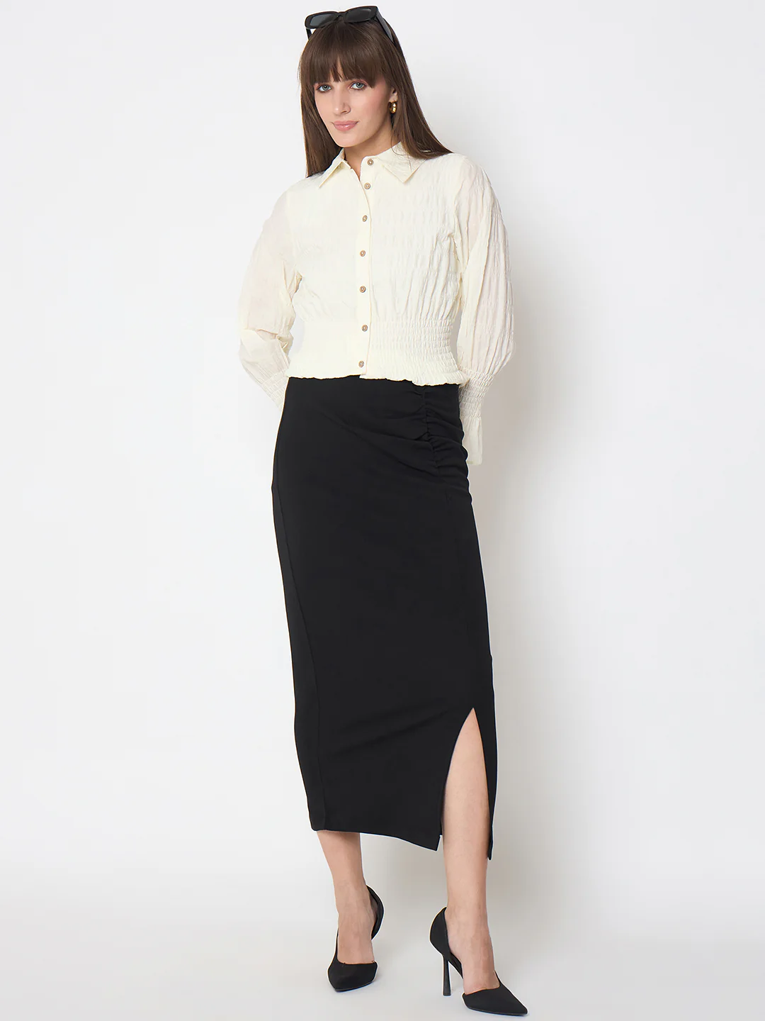 Madame Smocked Waist Off White Peplum Shirt - Image 2