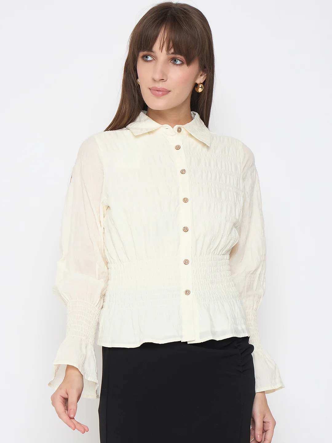 Madame Smocked Waist Off White Peplum Shirt - Image 3