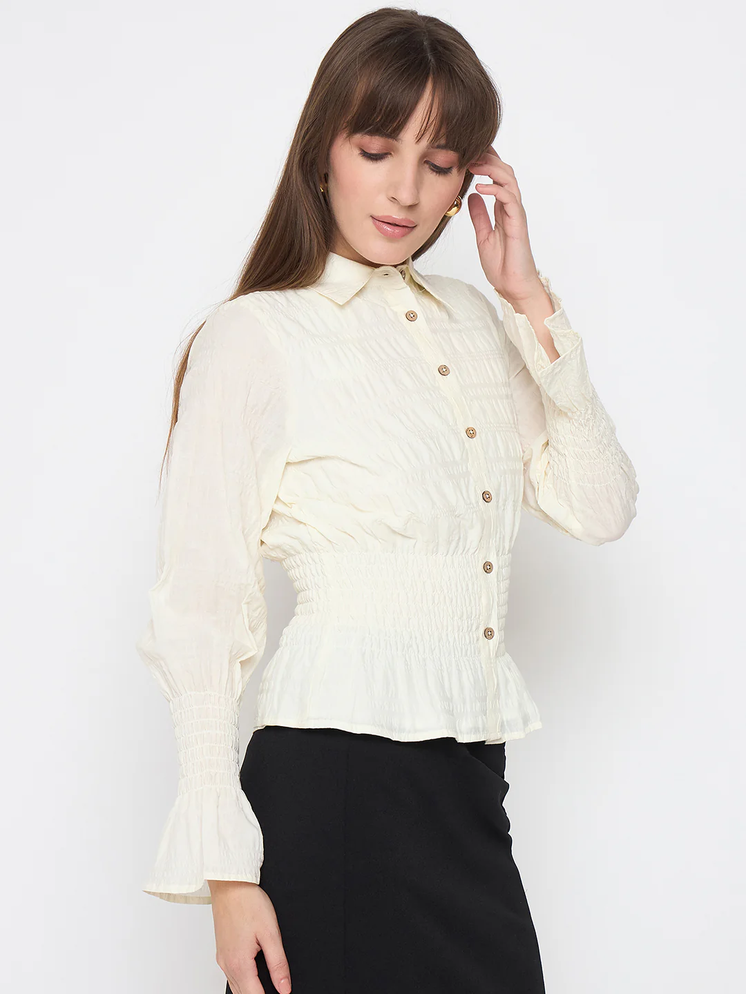 Madame Smocked Waist Off White Peplum Shirt - Image 4