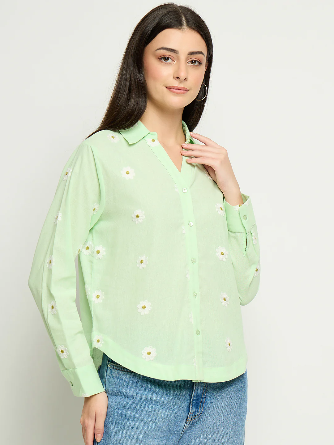 Madame Floral Embroidery Green Cotton Shirt - Image 4