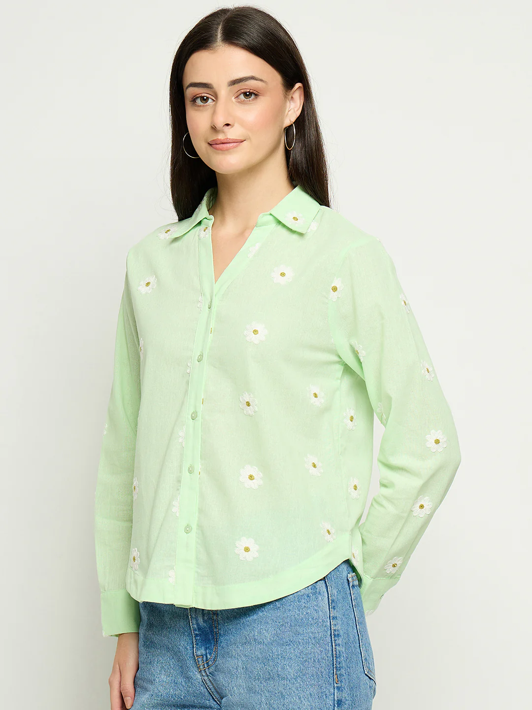 Madame Floral Embroidery Green Cotton Shirt - Image 5