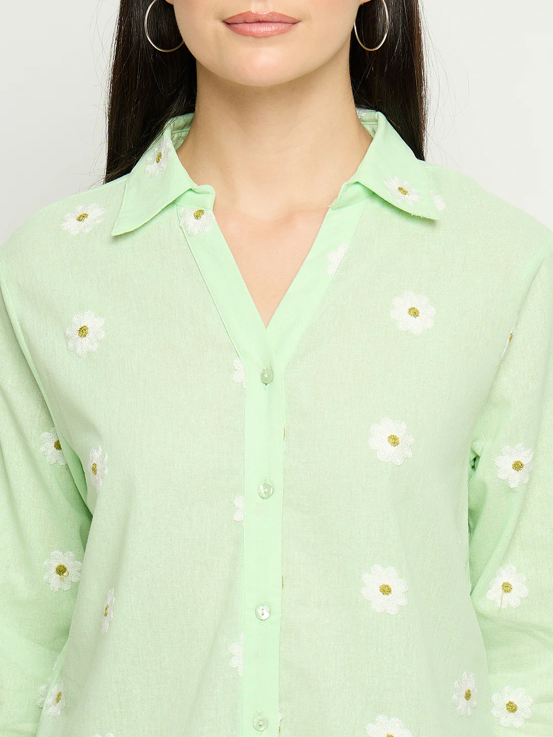 Madame Floral Embroidery Green Cotton Shirt - Image 7