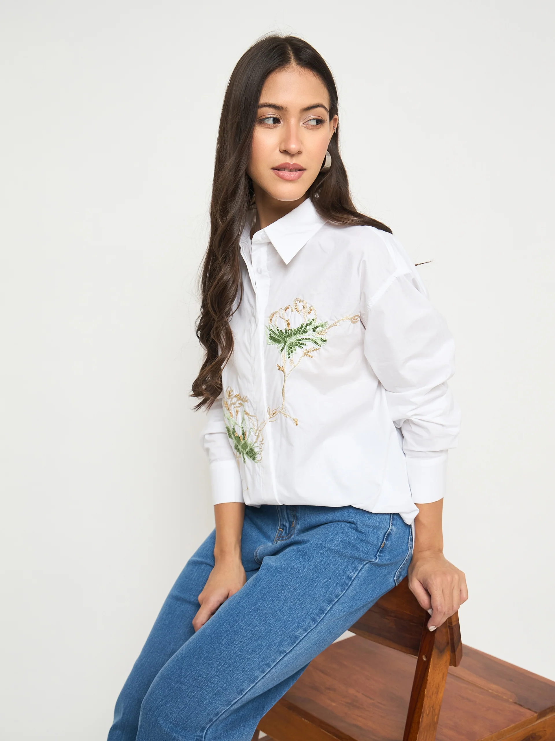 Madame Floral Embroidery White Cotton Shirt