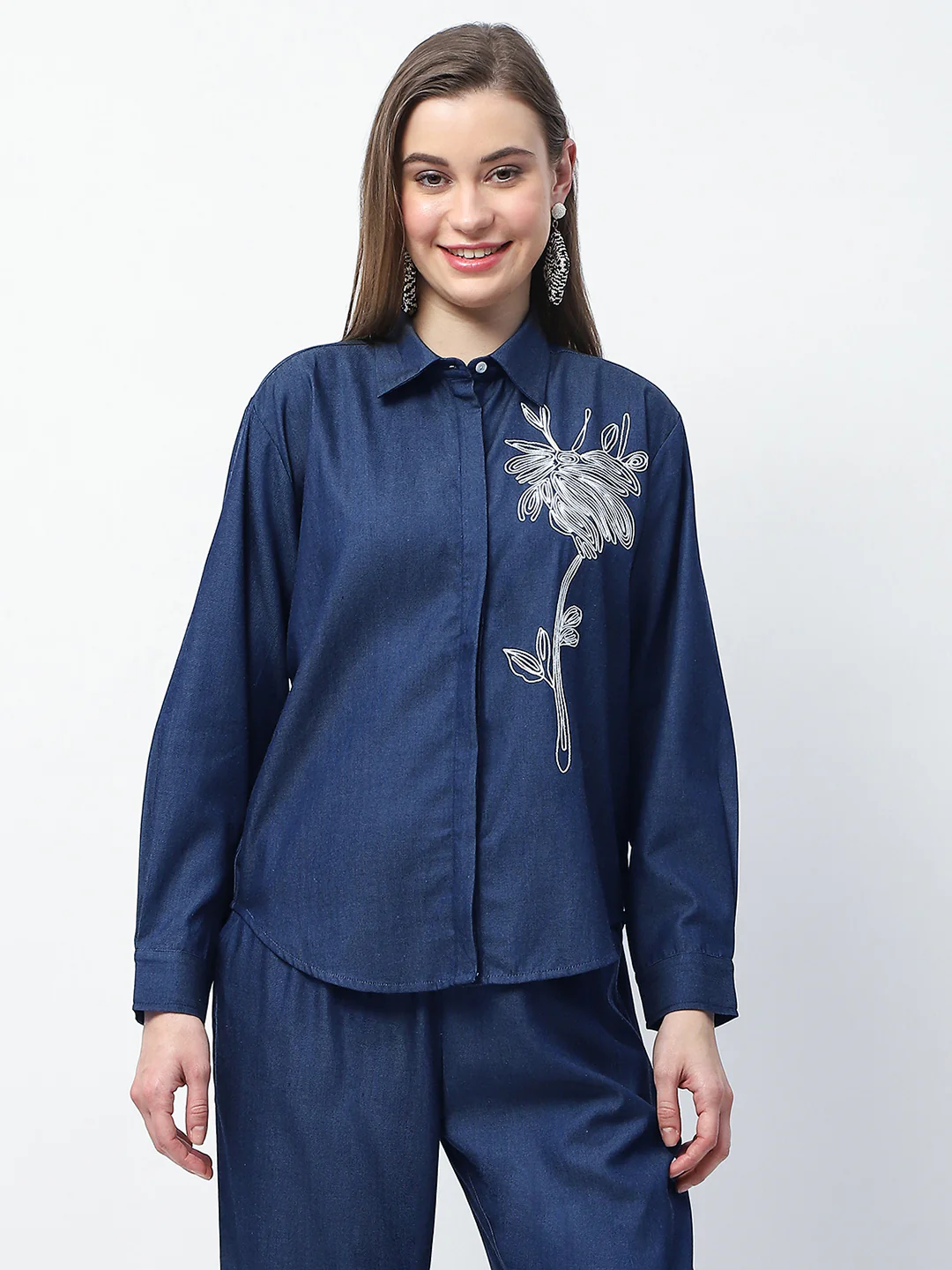Madame Dori Embroidered Navy Blue Cotton Blend Shirt - Image 3