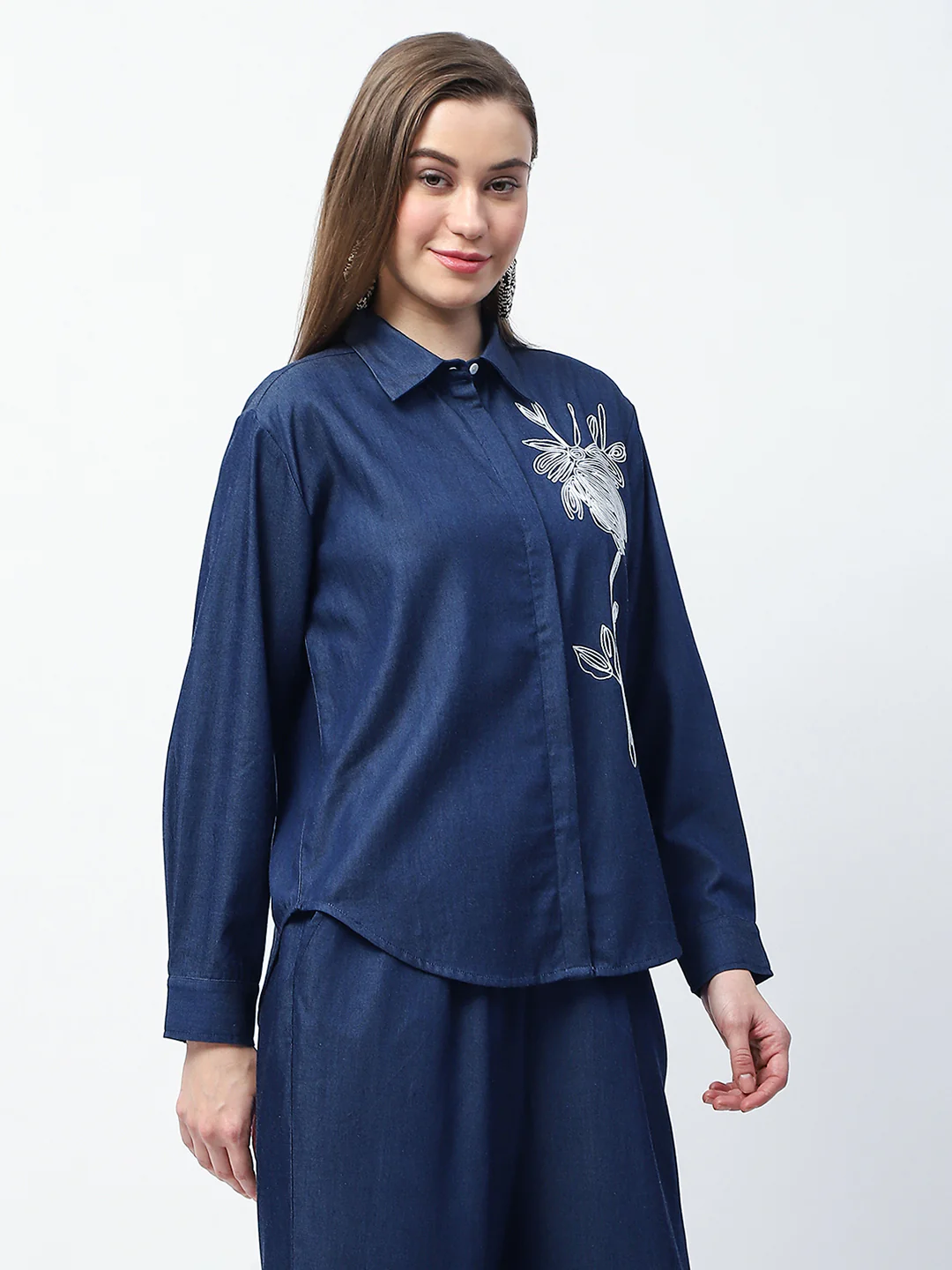 Madame Dori Embroidered Navy Blue Cotton Blend Shirt - Image 4
