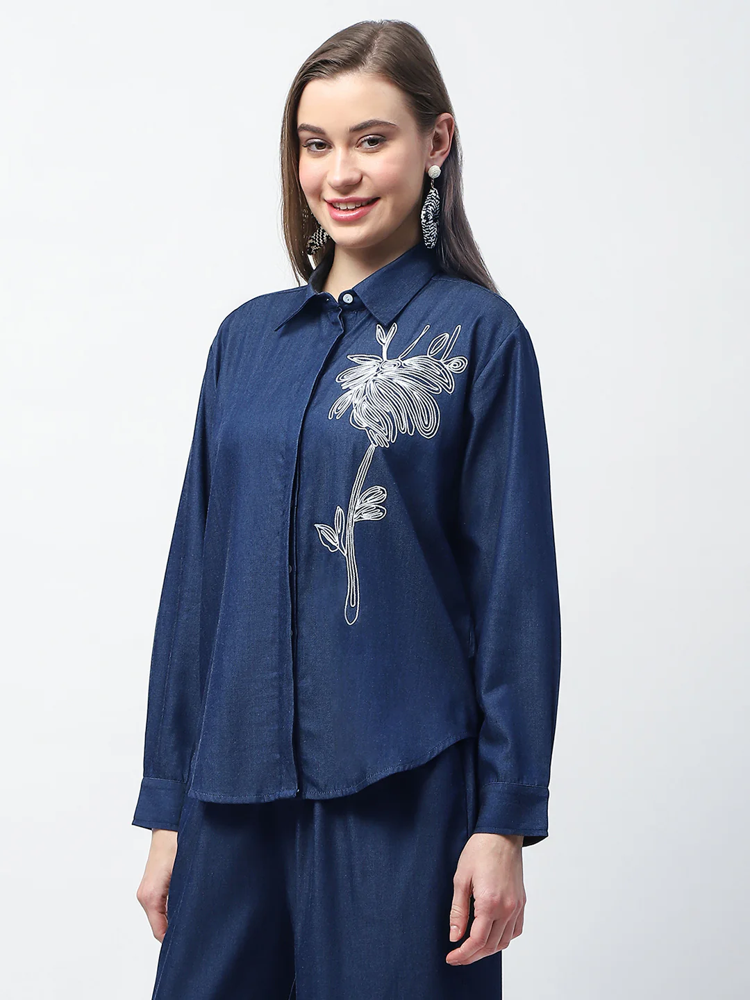 Madame Dori Embroidered Navy Blue Cotton Blend Shirt - Image 5