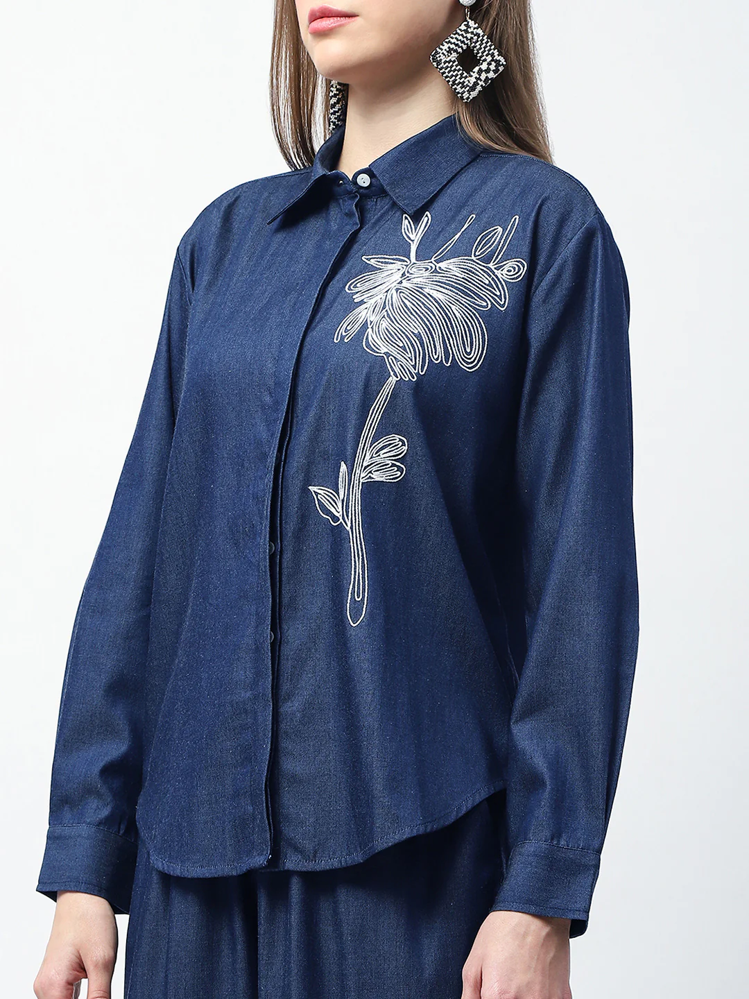 Madame Dori Embroidered Navy Blue Cotton Blend Shirt - Image 7