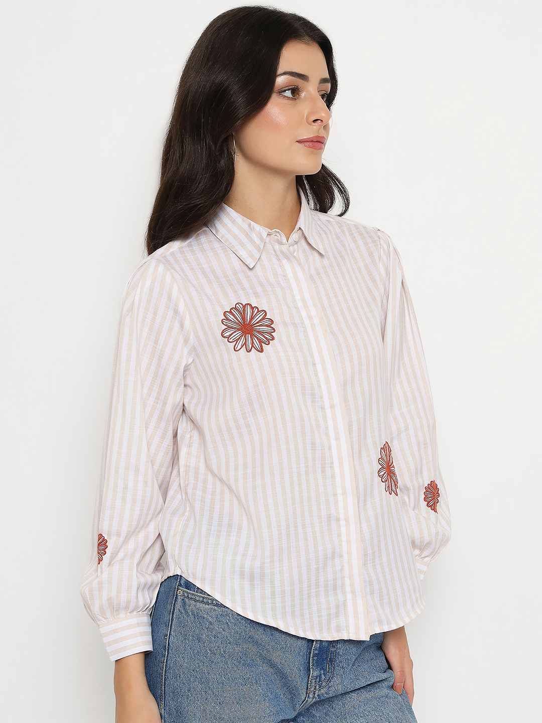 Madame Floral Embroidery Beige Striped Shirt - Image 4