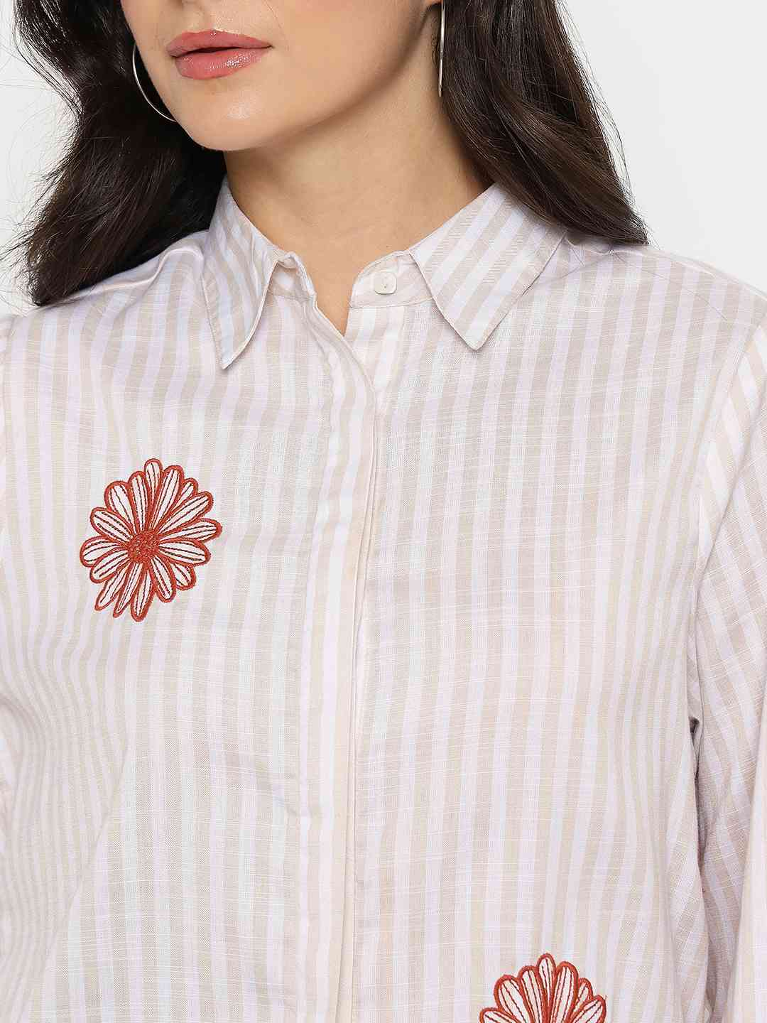 Madame Floral Embroidery Beige Striped Shirt - Image 7