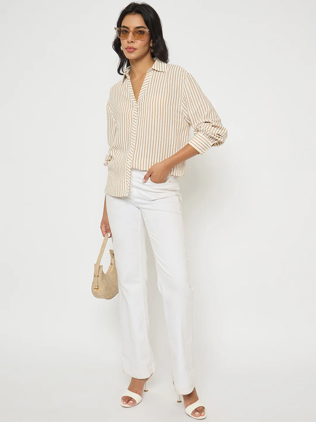 Madame Textured Brown Striped Shirt - Image 2