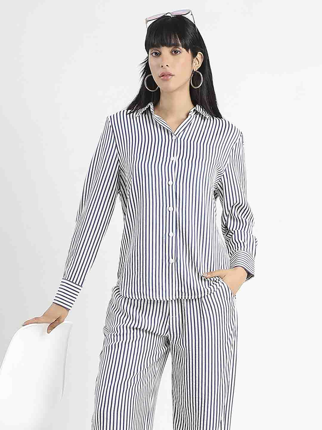 Madame Striped Navy Blue Cotton Blend Shirt - Image 6