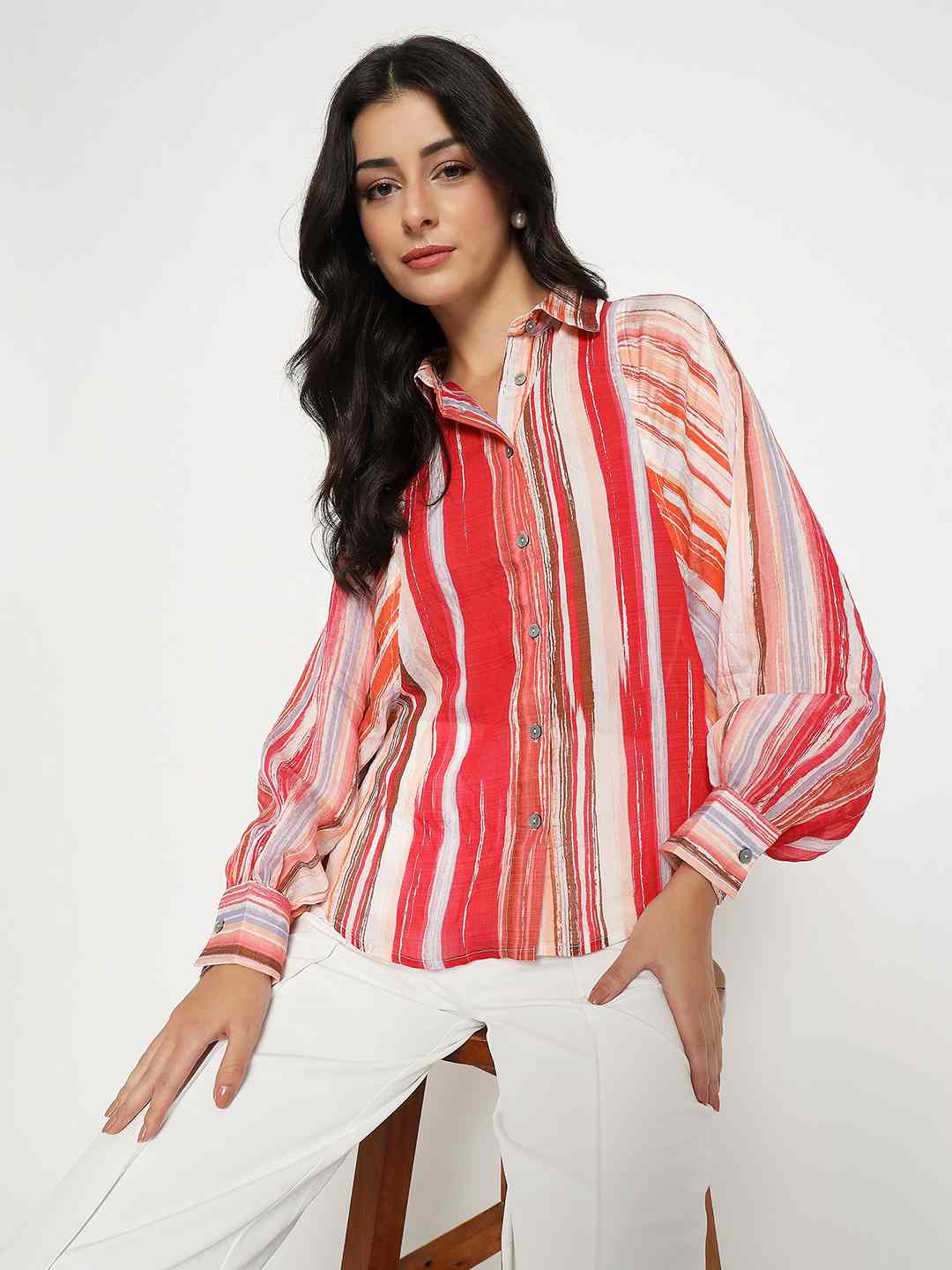 Madame Striped Viscose Blend Red Shirt