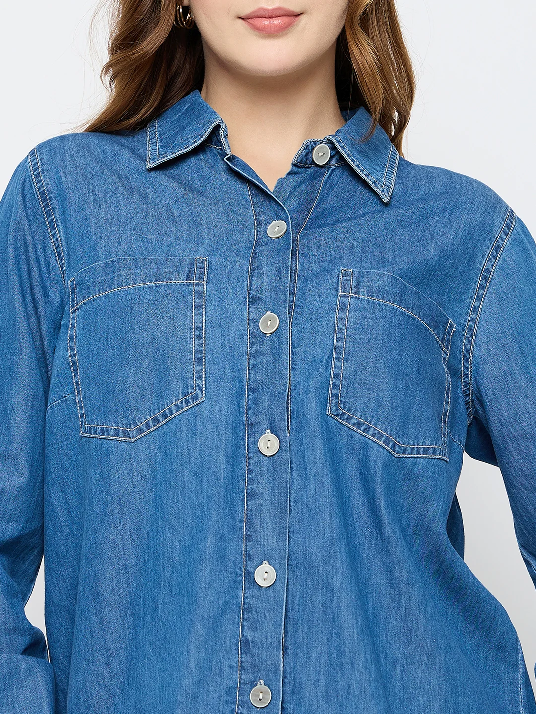 Madame Cotton Mid Blue Denim Shirt - Image 7