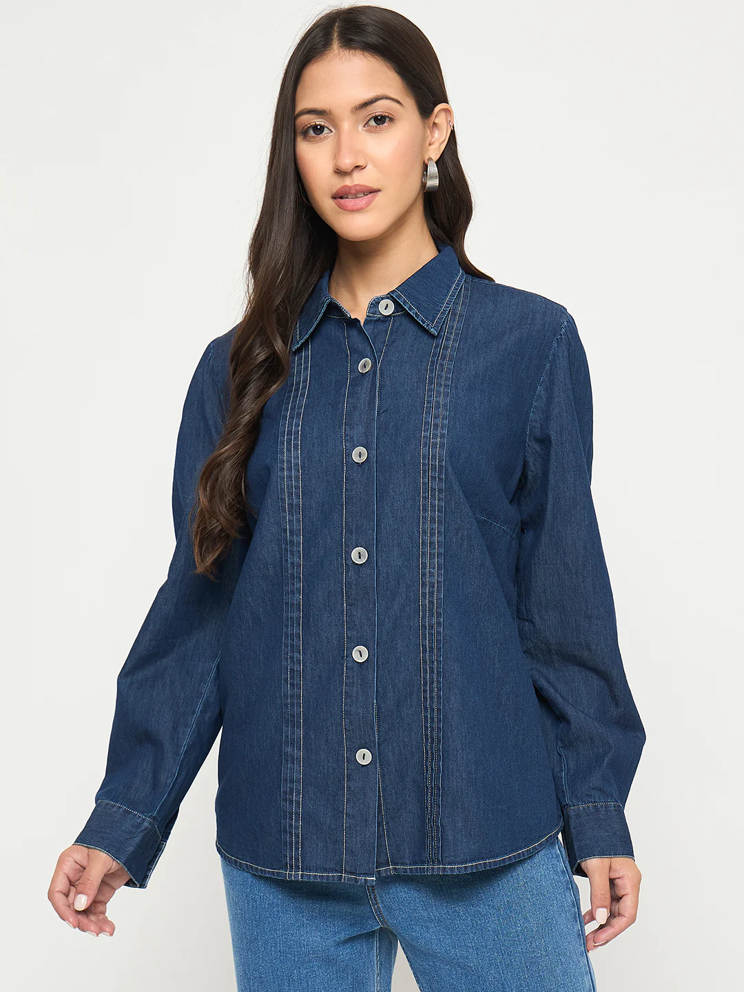Madame Pintuck Detailed Mid Blue Denim Shirt - Image 3