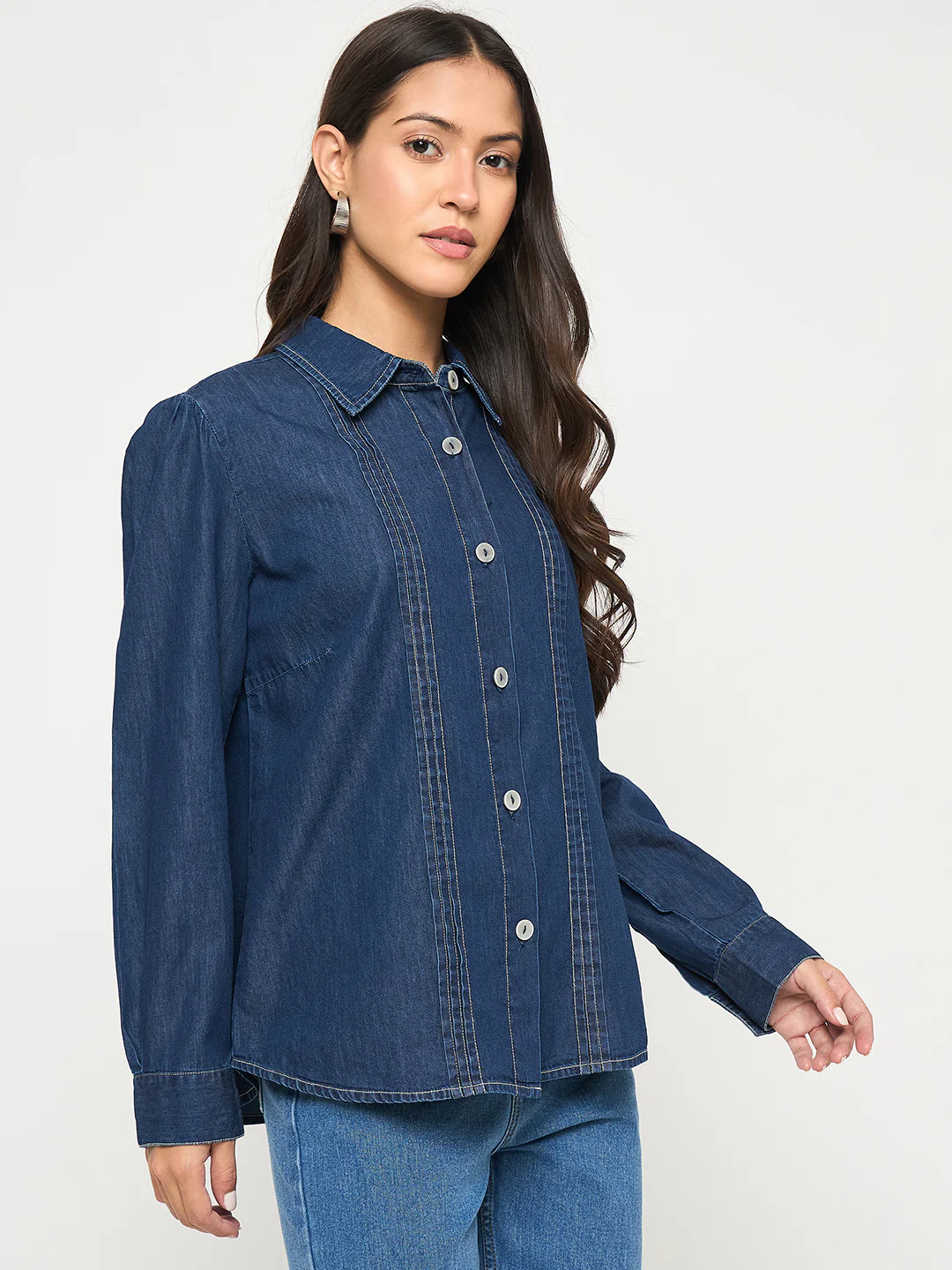 Madame Pintuck Detailed Mid Blue Denim Shirt - Image 4
