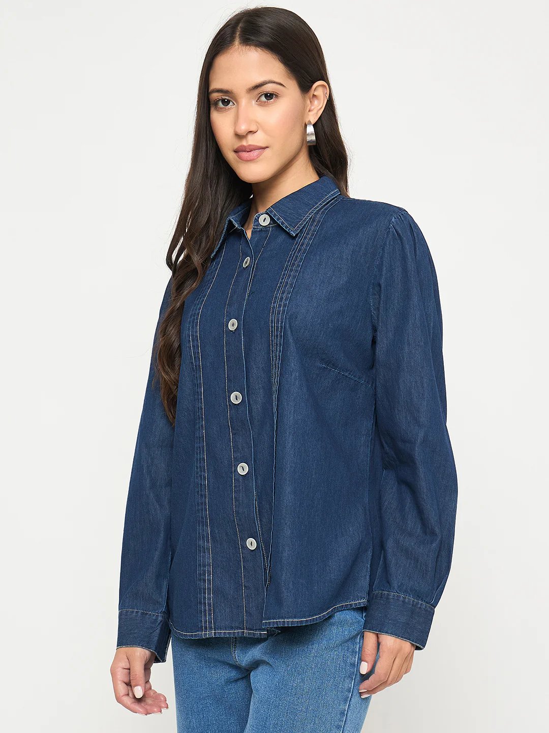 Madame Pintuck Detailed Mid Blue Denim Shirt - Image 5