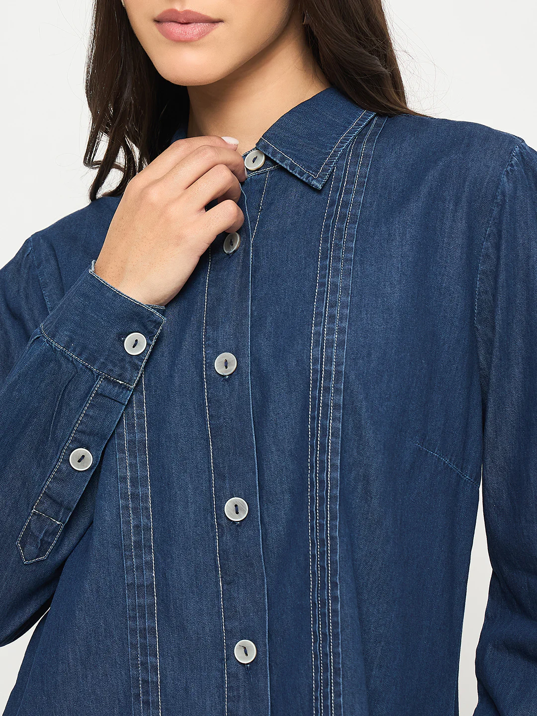 Madame Pintuck Detailed Mid Blue Denim Shirt - Image 7