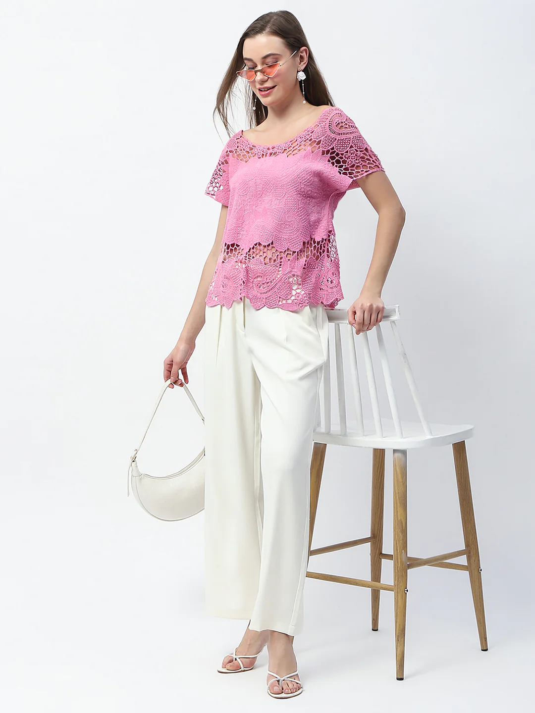 Madame Floral Crochet Pink Cotton Lace Top - Image 2