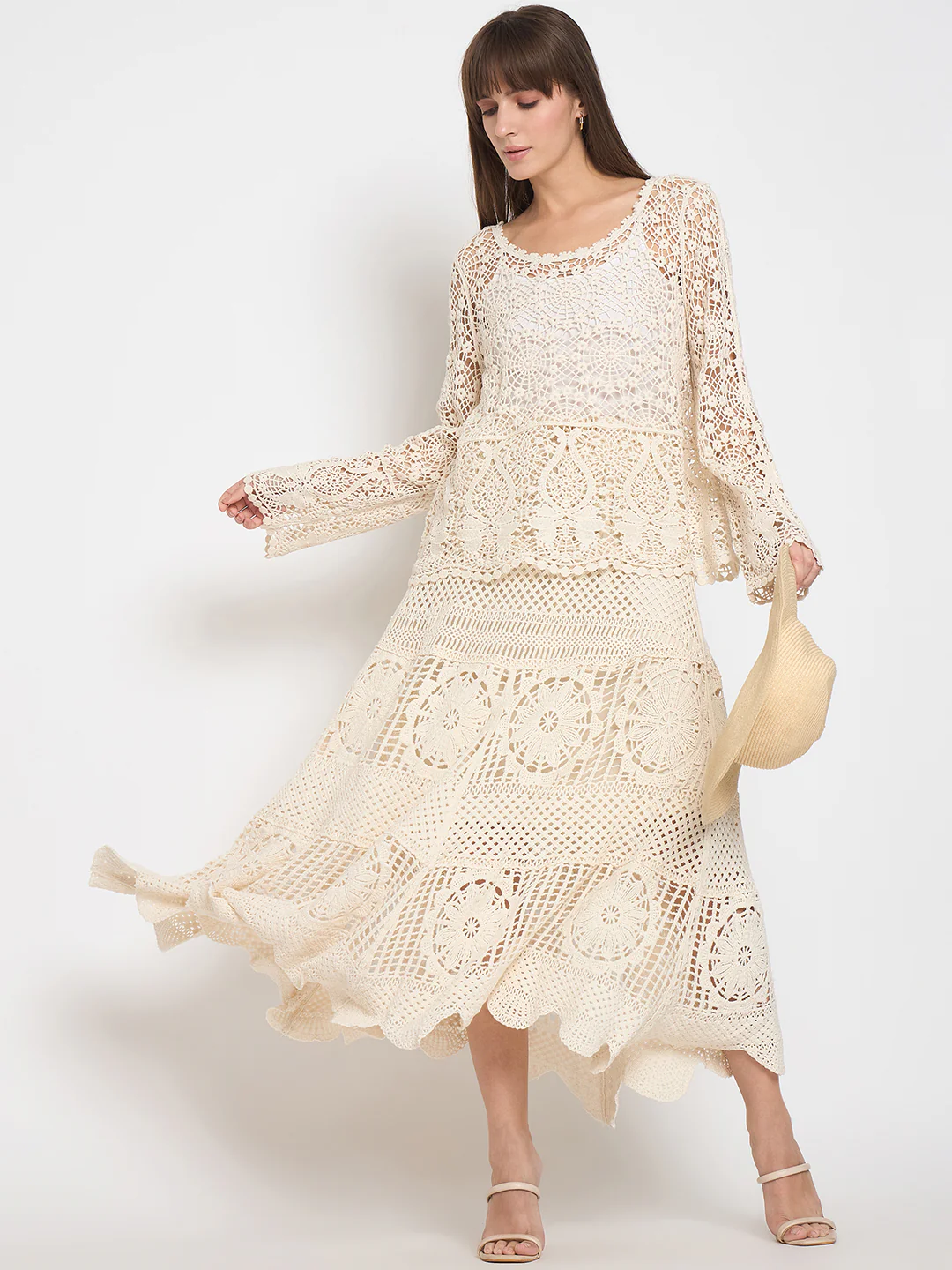Madame Crochet Round Neck Bell Sleeve Beige Top
