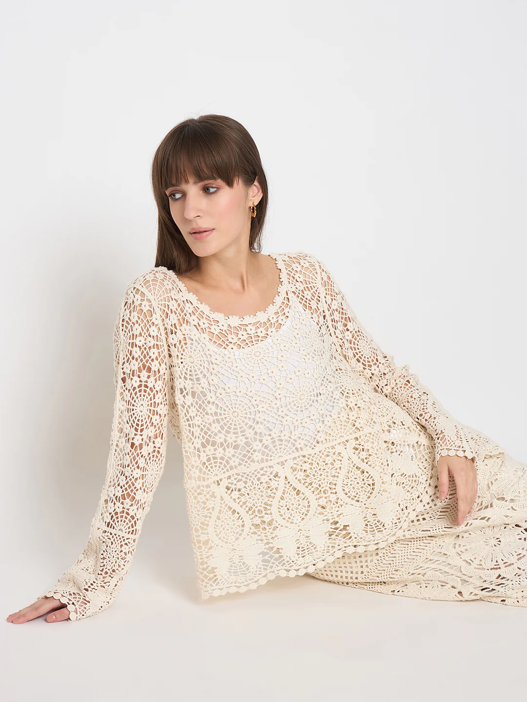 Madame Crochet Round Neck Bell Sleeve Beige Top - Image 2