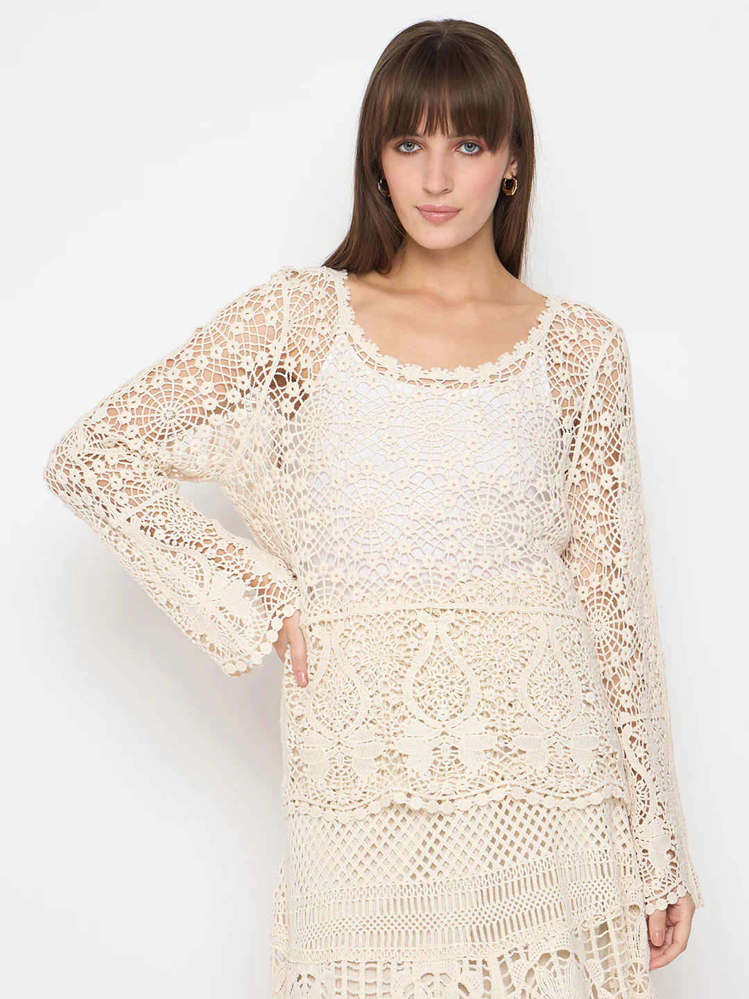 Madame Crochet Round Neck Bell Sleeve Beige Top - Image 3
