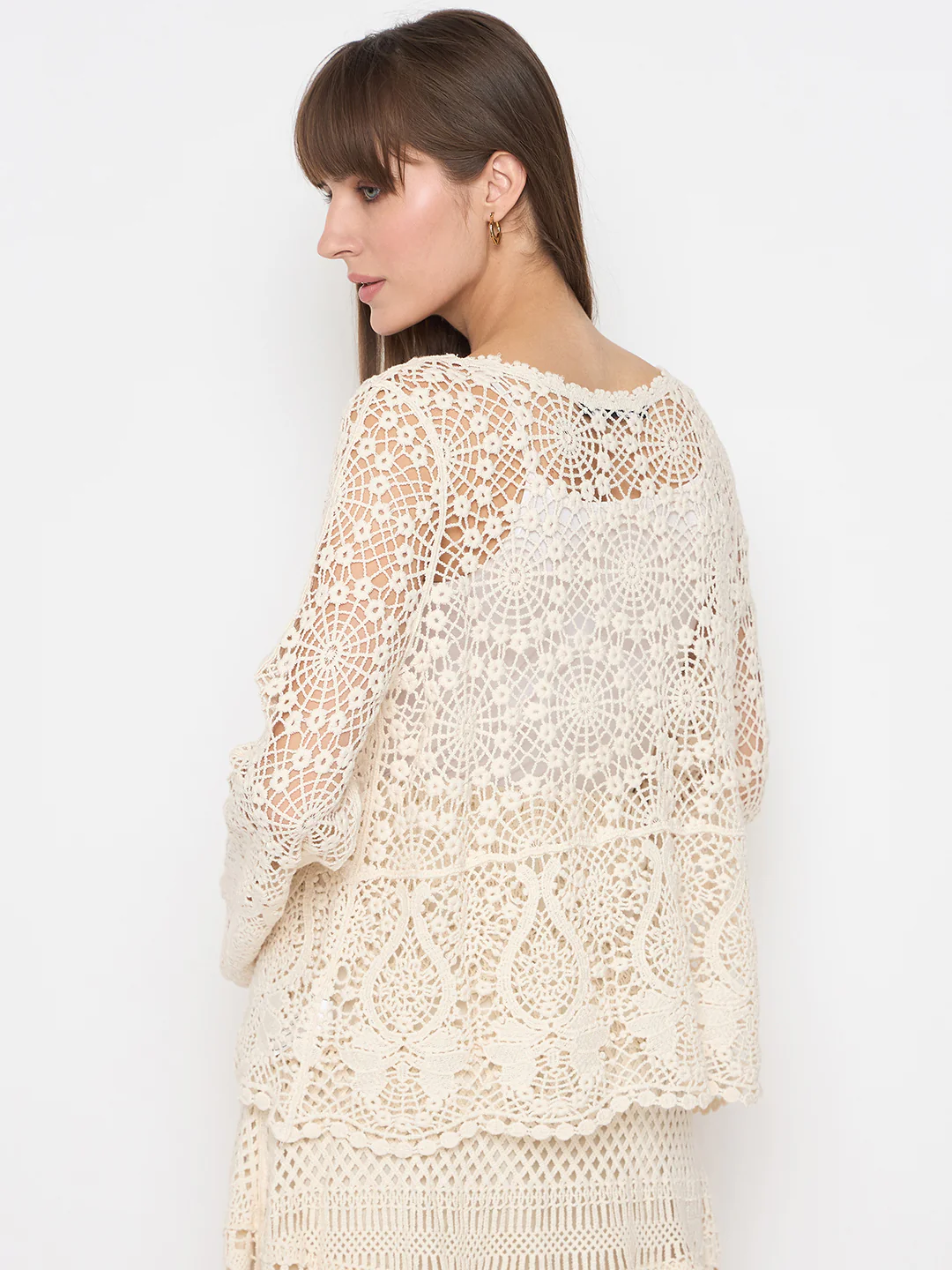 Madame Crochet Round Neck Bell Sleeve Beige Top - Image 6