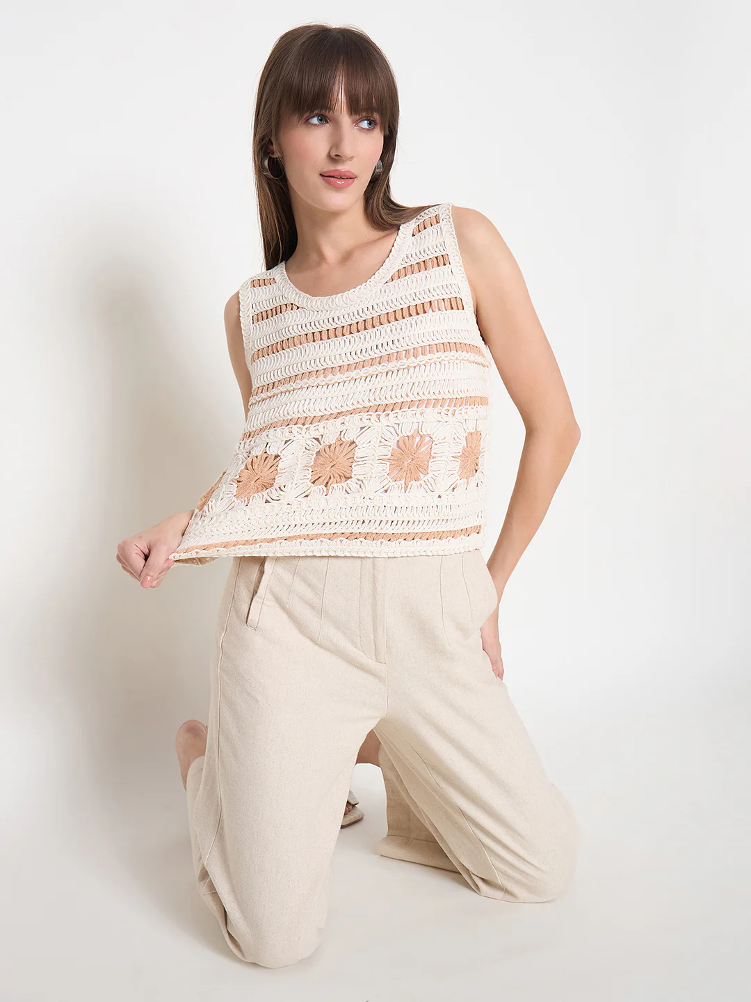 Madame Crochet Sleeveless Solid Beige Cotton Top