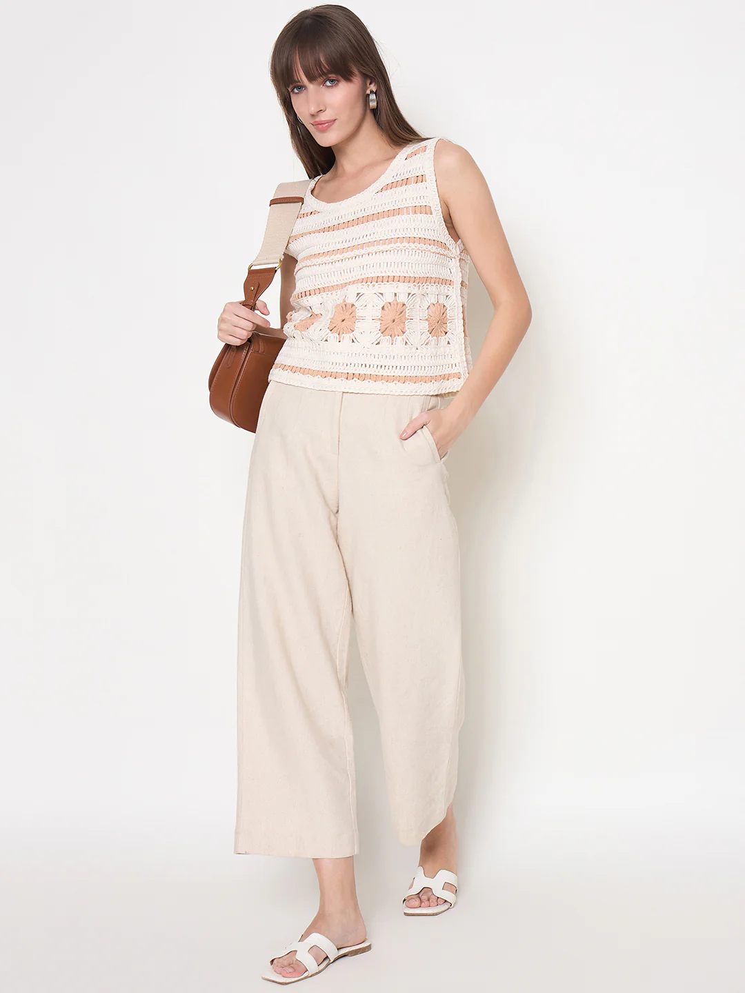 Madame Crochet Sleeveless Solid Beige Cotton Top - Image 2