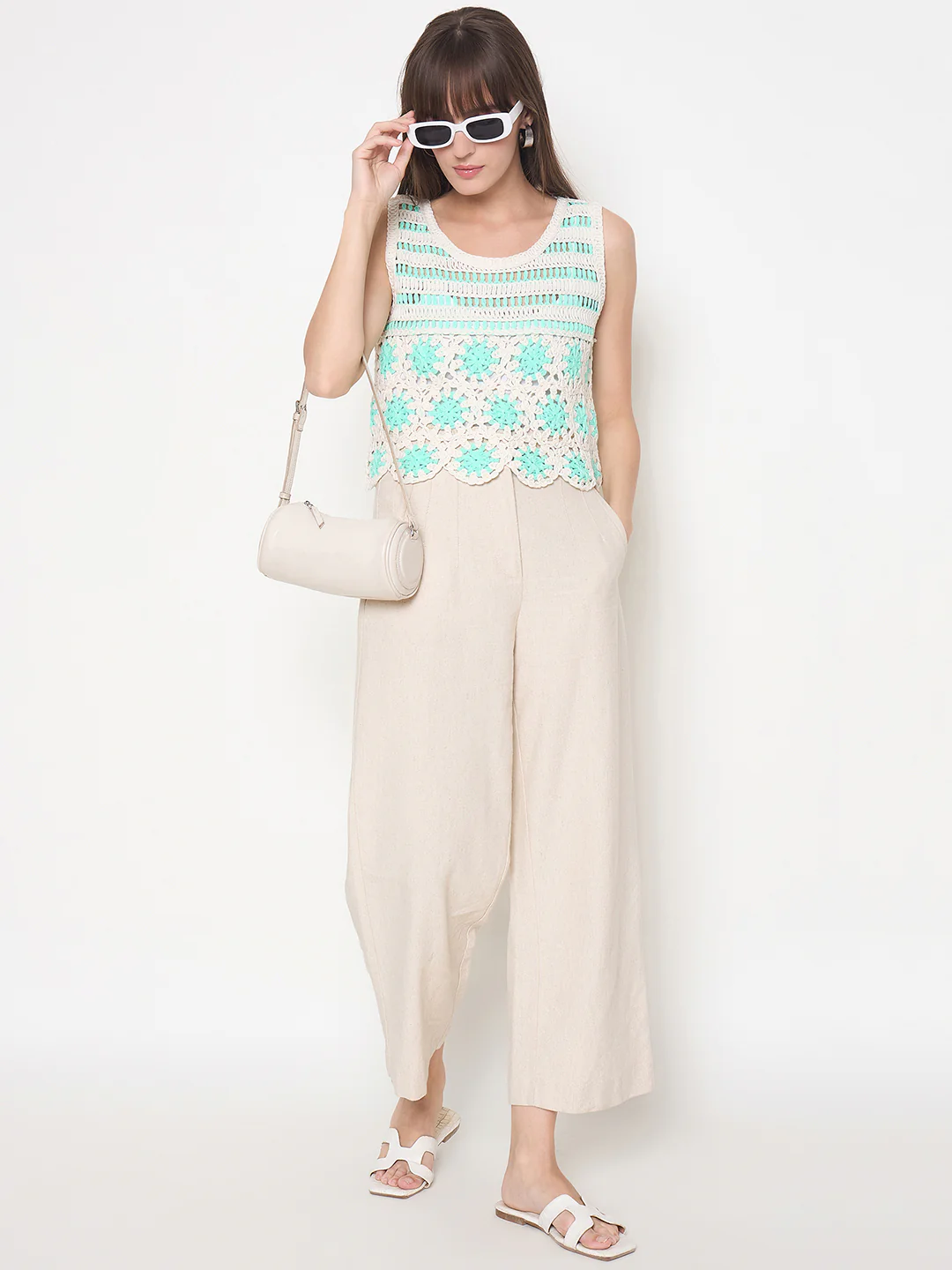 Madame Crochet Sleeveless Solid Green Cotton Top - Image 2