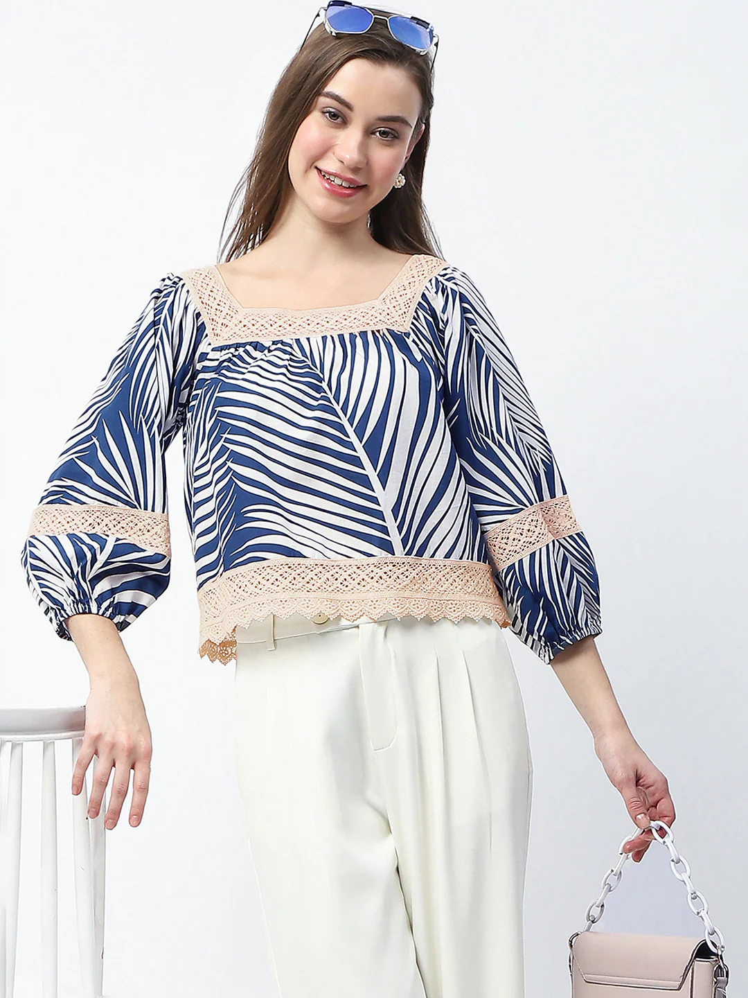 Madame Botanical Print Cotton Blend Navy Blue Top - Image 3